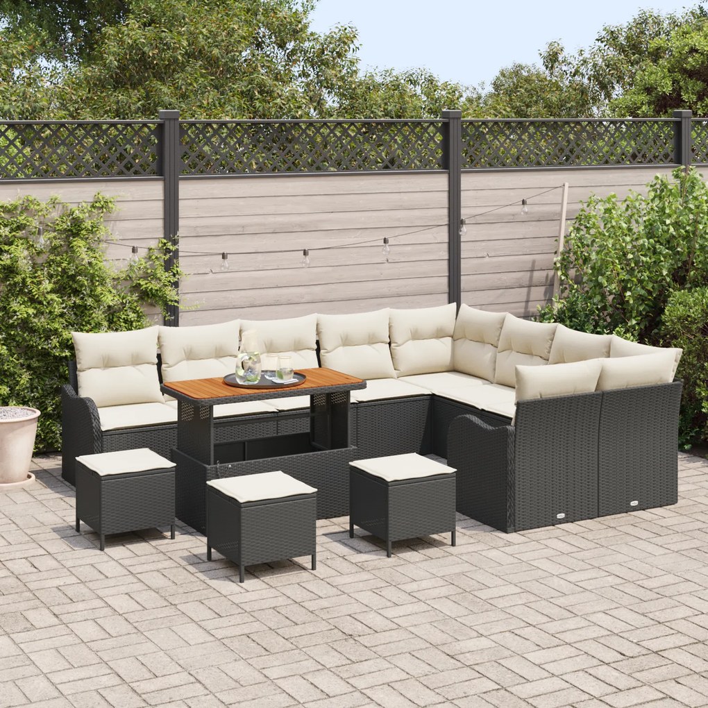 Conjunto de Sofá de Jardim de 13 Peças com Almofadas Preto Vime Poliés