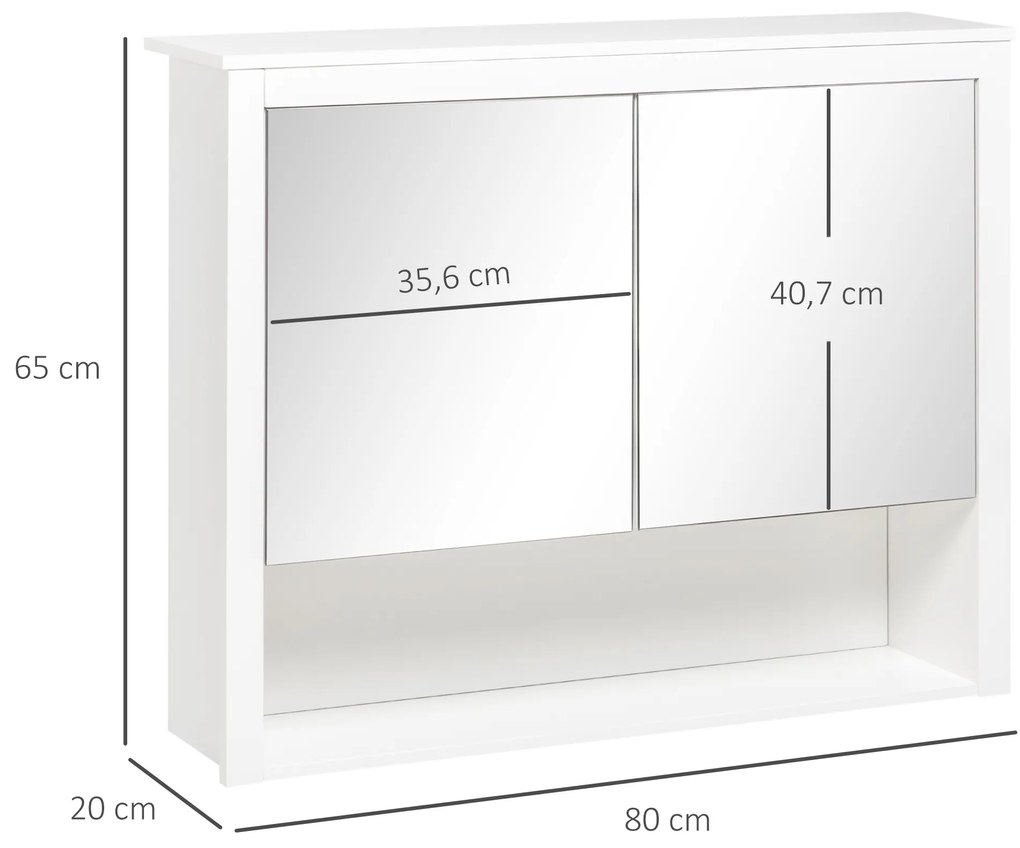 Armário de Parede para Casa de Banho Armário Suspenso com Espelho para Casa de Banho com 2 Portas e Prateleira de Armazenamento 80x20x65cm Branco