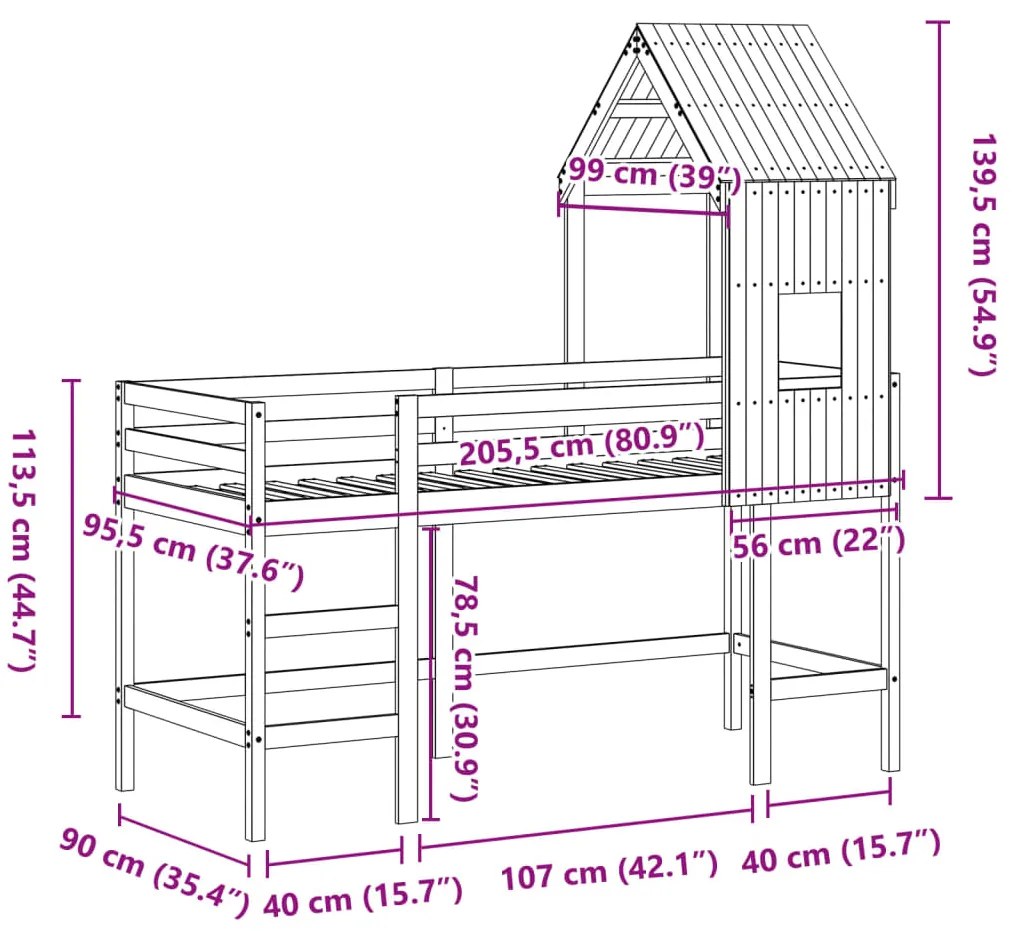 Cama alta c/ escada e telhado 90x200 cm pinho maciço