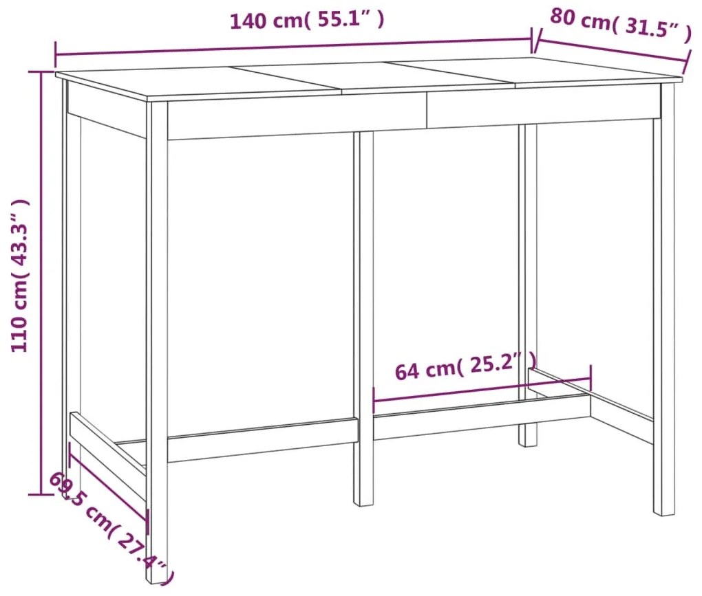 Mesa de bar 140x80x110 cm madeira de pinho maciça
