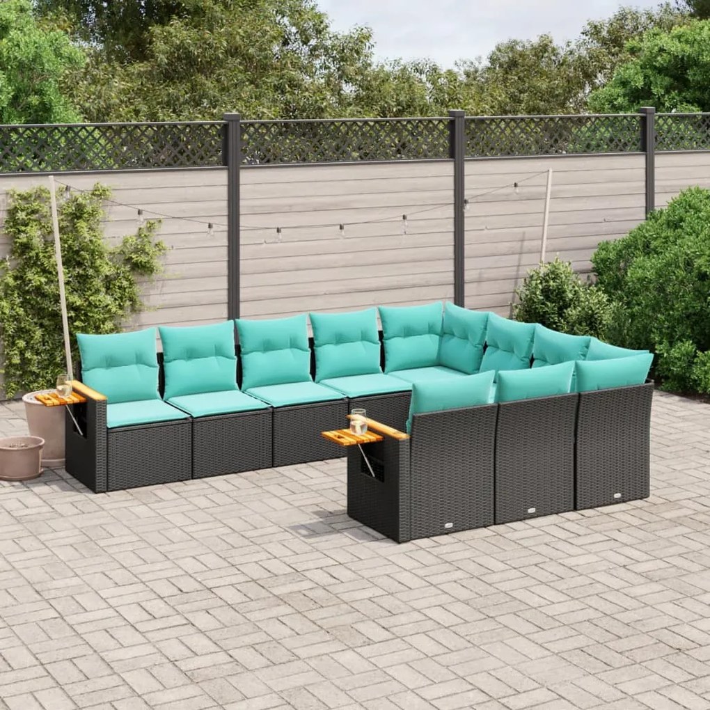 10 pcs conjunto de sofás p/ jardim c/ almofadões vime PE preto