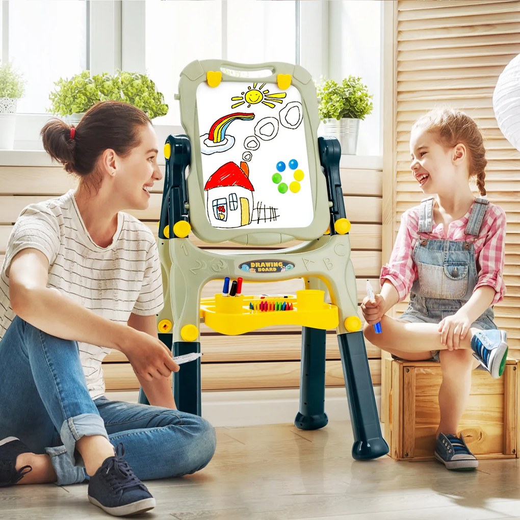 Quadro Branco Infantil Magnético de Dupla Face Altura Ajustável Quadro Branco com Acessórios Verde