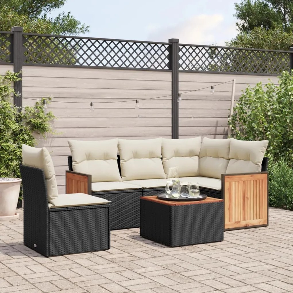 6 pcs conjunto sofás de jardim c/ almofadões vime PE preto