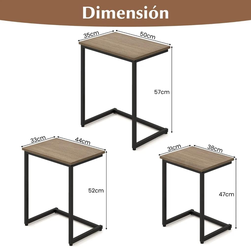 Conjunto de 3 mesas de centro empilháveis ​​em forma de C com estrutura metálica de superfície de madeira Cinzento