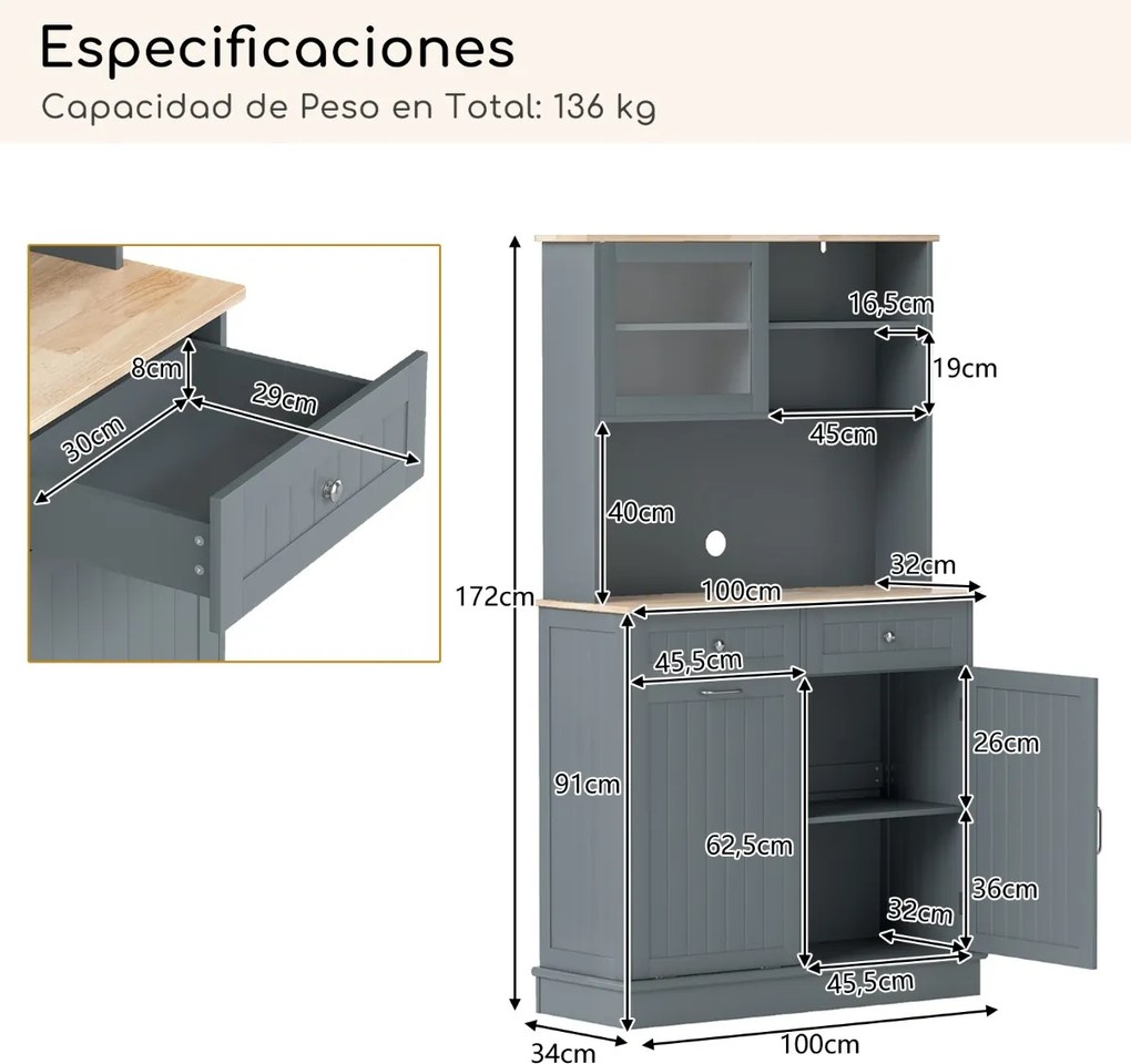 Armário Cozinha 100 x 34 x 172 cm com Porta para caixote de lixo com porta dupla basculante com bancada cinzento