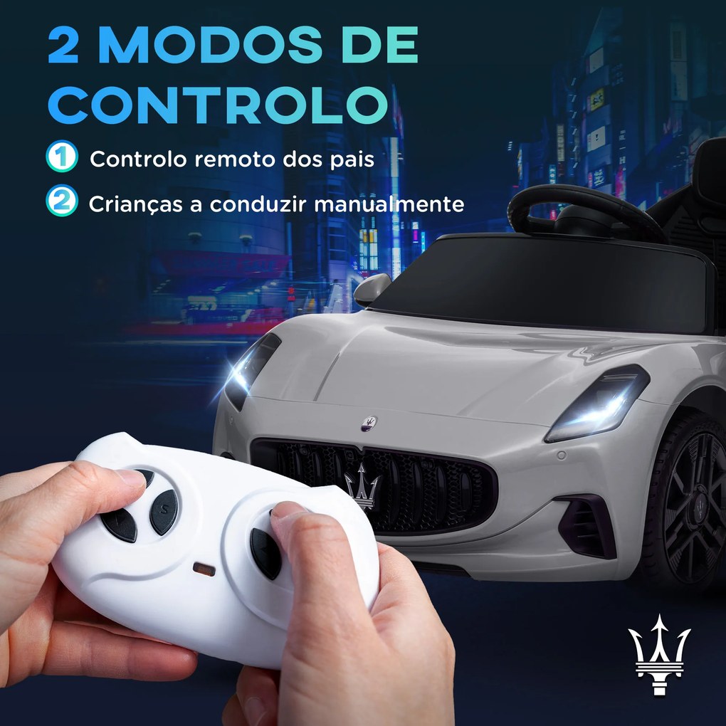 Carro Elétrico para Crianças Maserati Gran Turismo Folgore 12V Controlo Remoto Faróis Buzina e Música MP3 98x59x43 cm Cinza