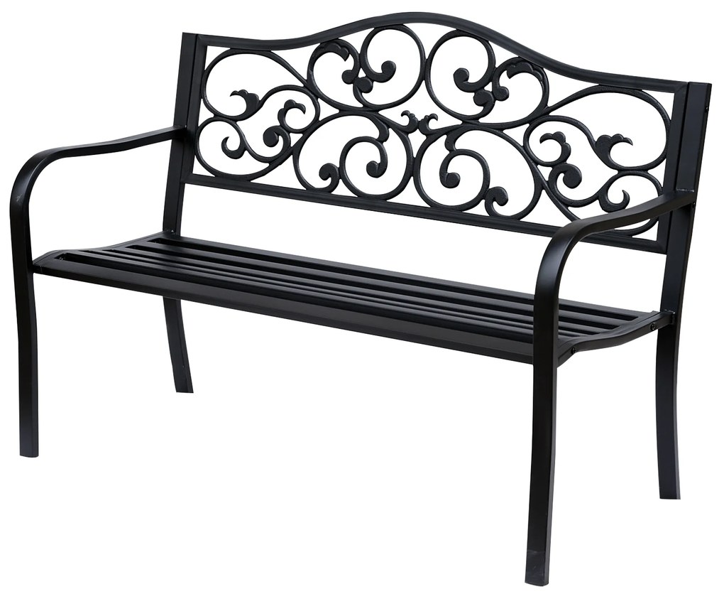 Outsunny Banco de Jardim de Aço Banco de Exterior com Encosto e Apoio para os Braços para Pátio Varanda 127x60x89 cm Preto