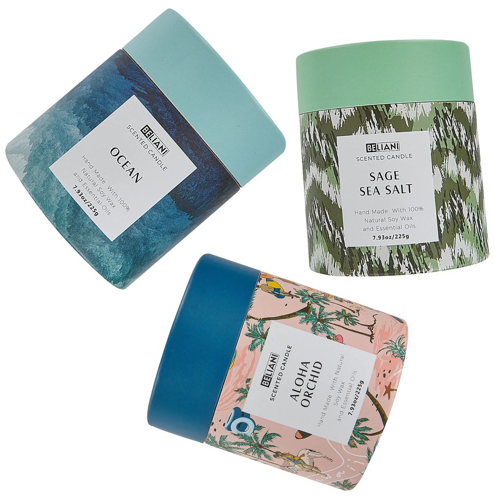 Conjunto de 3 velas perfumadas de cera de soja sal marinho/oceano/orquídea COLORFUL BARREL Beliani