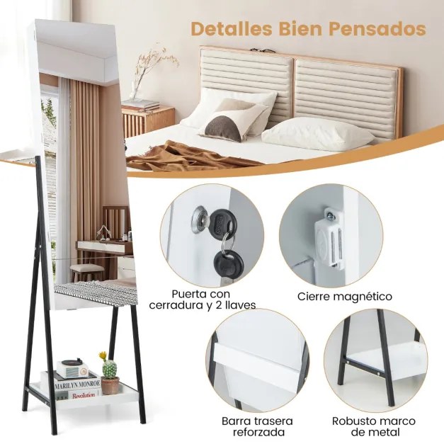 Espelho Armario com fechadura porta Jóias sem moldura com Luzes LED Gaveta dobrável e Estante inferior 41 x 35 x 166 cm Branco