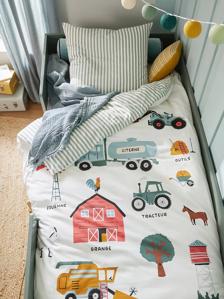 Conjunto capa de edredon + fronha de almofada, com algodão reciclado, Colheita branco estampado