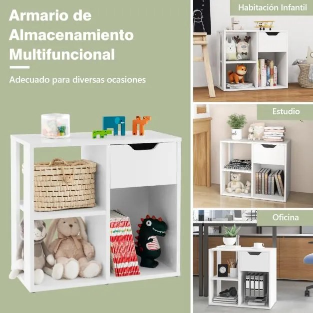 Estante de 3 cubos com gaveta 2 níveis Estante de arrumação independente para escritório, sala de estar, quarto, branco
