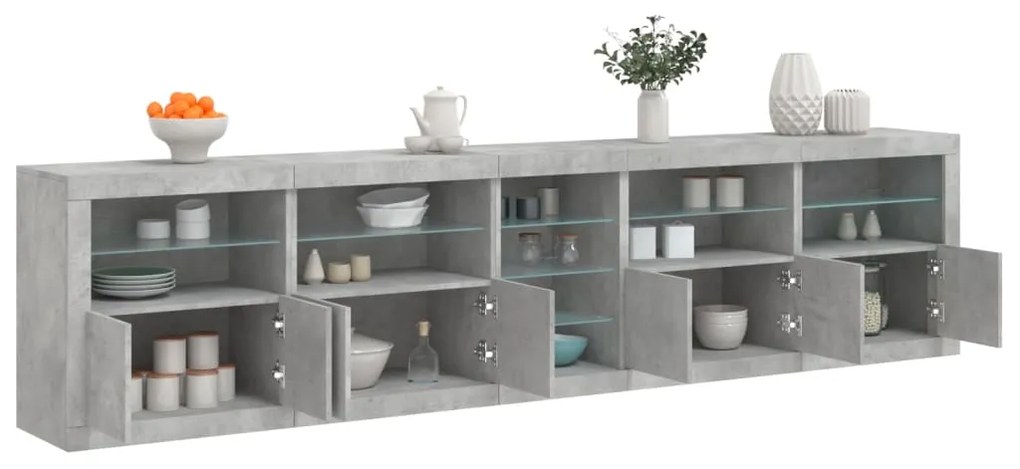 Aparador com luzes LED 283x37x67 cm cinzento cimento