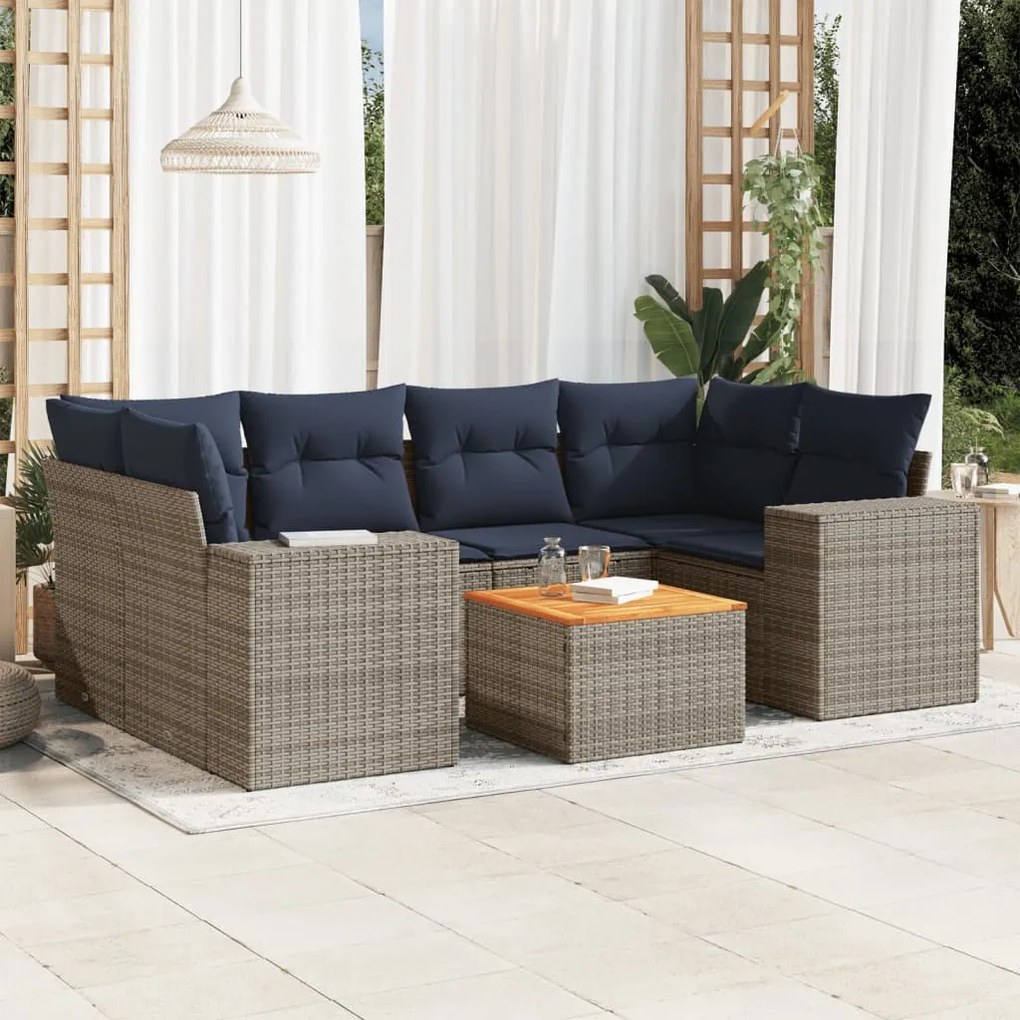 vidaXL 7 pcs conjunto sofás p/ jardim c/ almofadões vime PE cinzento