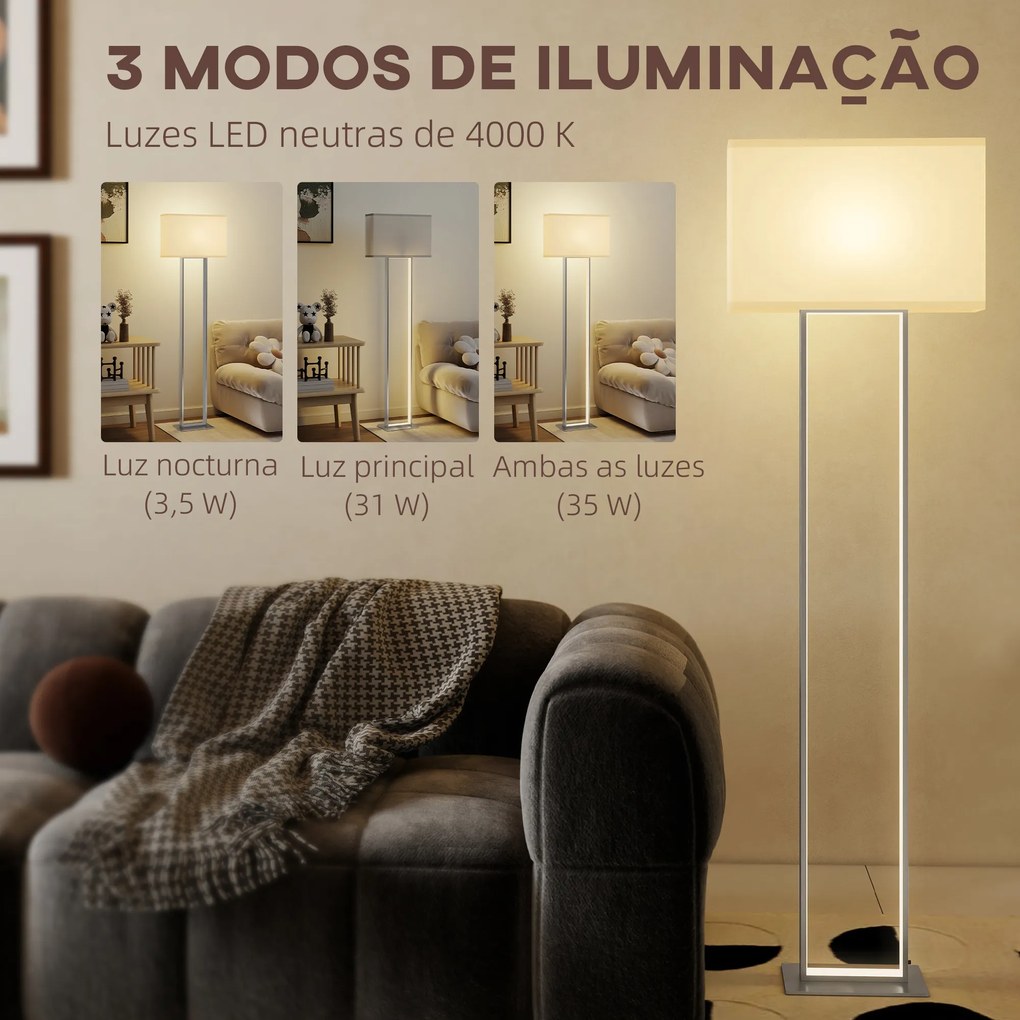 Candeeiro de Pé Moderno com Ecrã de Tecido Luz Noturna Interruptor de Pé e Base Metálica 45x15x150 cm Branco