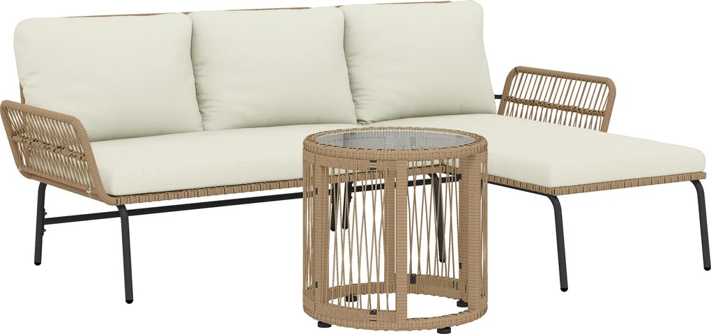 Conjunto de Móveis de Jardim Exterior em Ratã com Sofá de 2 Lugares Chaise Longue Almofadas e Mesa Creme