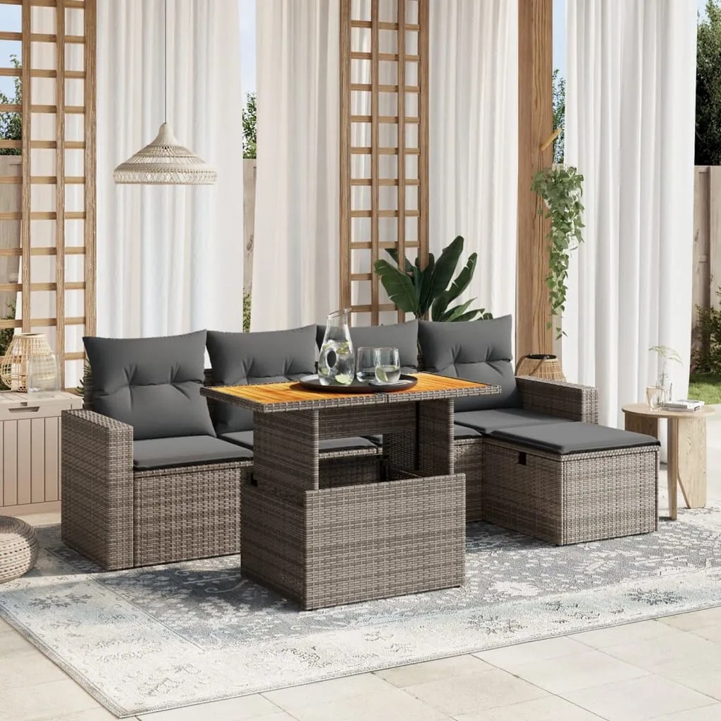 6 pcs conjunto sofás de jardim com almofadões vime cinzento