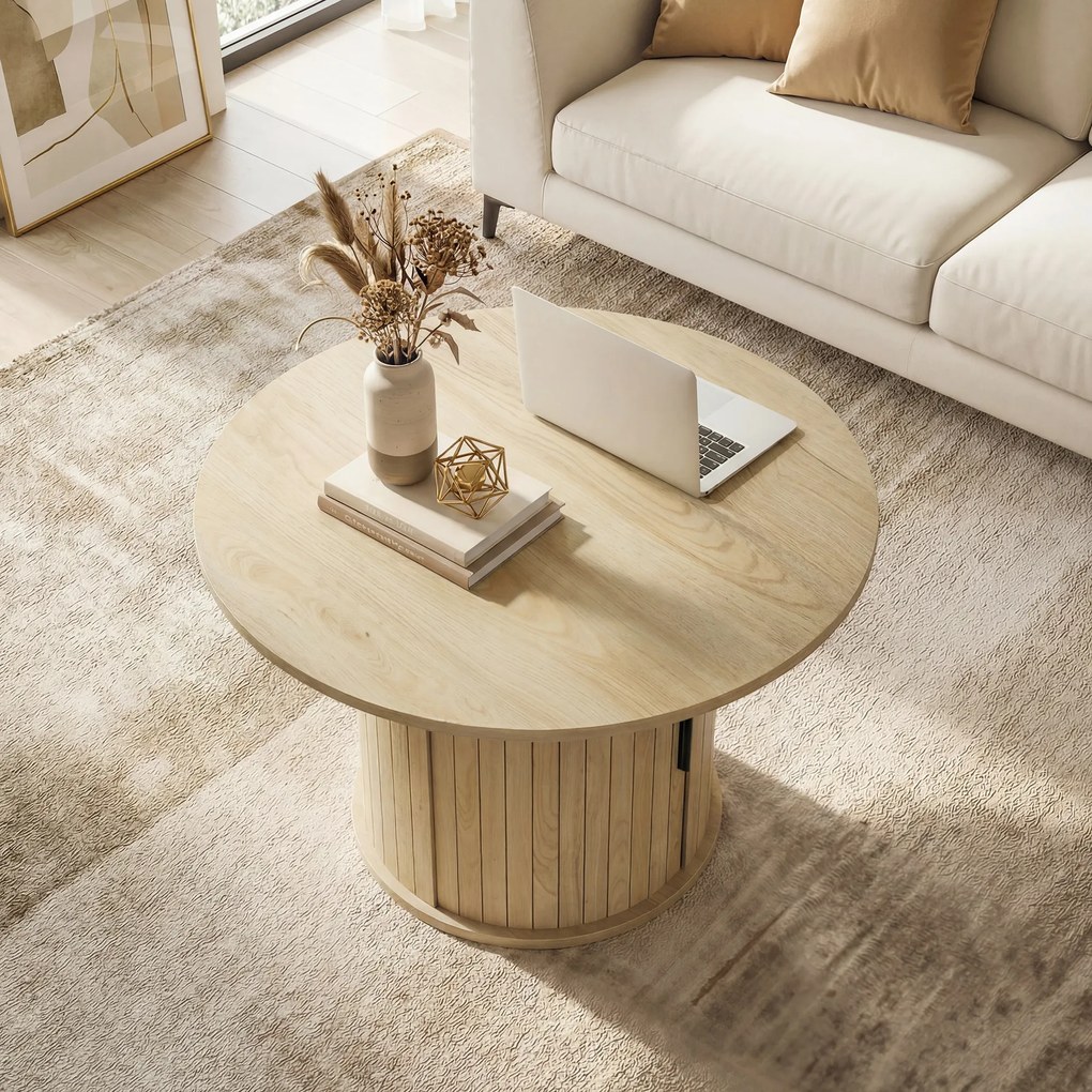 Mesa de centro redonda 80L x 80P x 50A cm, mesa de sala com espaço de arrumação, porta de correr com ripas, 2 prateleiras, efeito de madeira natural