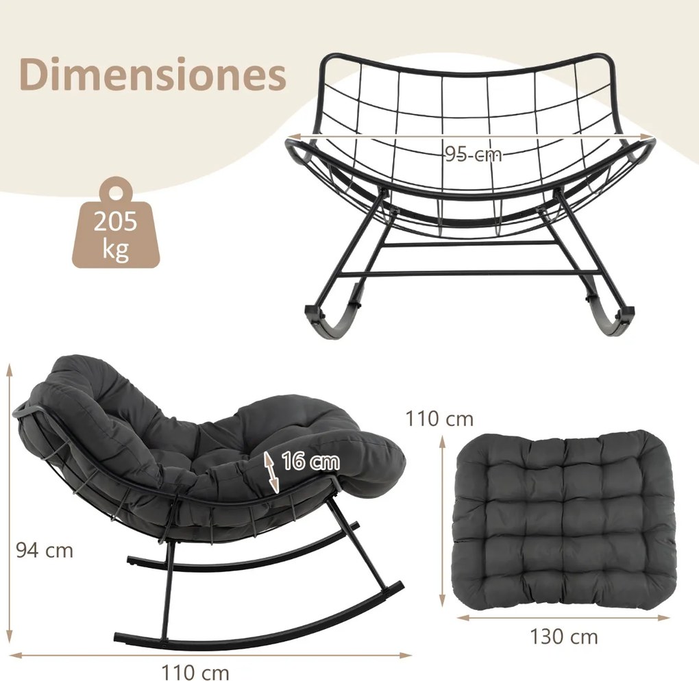 Cadeira de baloiço Jardim para interior e exterior com almofada com estrutura metálica Carga 205 kg Cinzento
