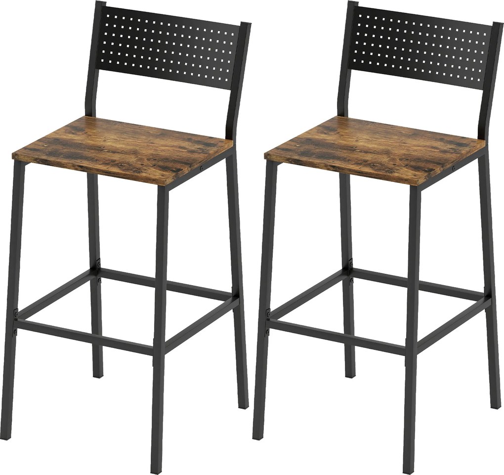 Conjunto de 2 bancos de bar, cadeiras de bar, assento com 72,5 cm de altura, encosto e apoio para os pés, pés em metal, castanho rústico