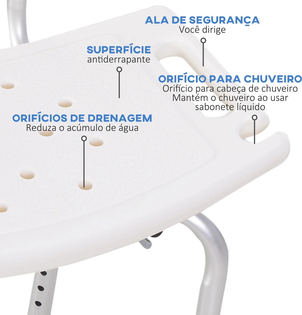 Cadeira para Duche Antiderrapante com Altura Ajustável em 8 Níveis Cadeira de Banho 50,6x43x71-88 cm Branco