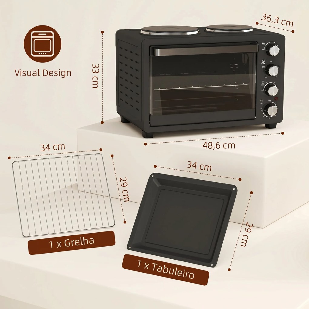 Forno Elétrico de Bancada 28L 2600W com Placas de Cozedura, Temperatura Ajustável, Temporizador e Tabuleiro, Preto