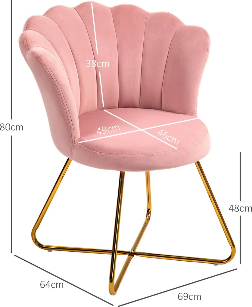 Cadeira de Toucador em forma de concha 69 x 64 x 80 cm, poltrona em veludo, poltrona de sala com pés em aço, rosa