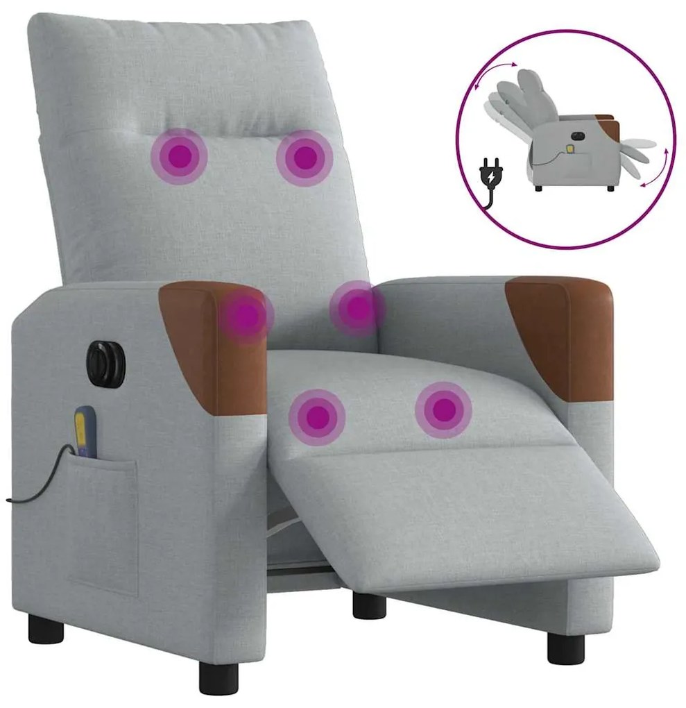 vidaXL Poltrona de massagens reclinável elétrica tecido cinzento-claro