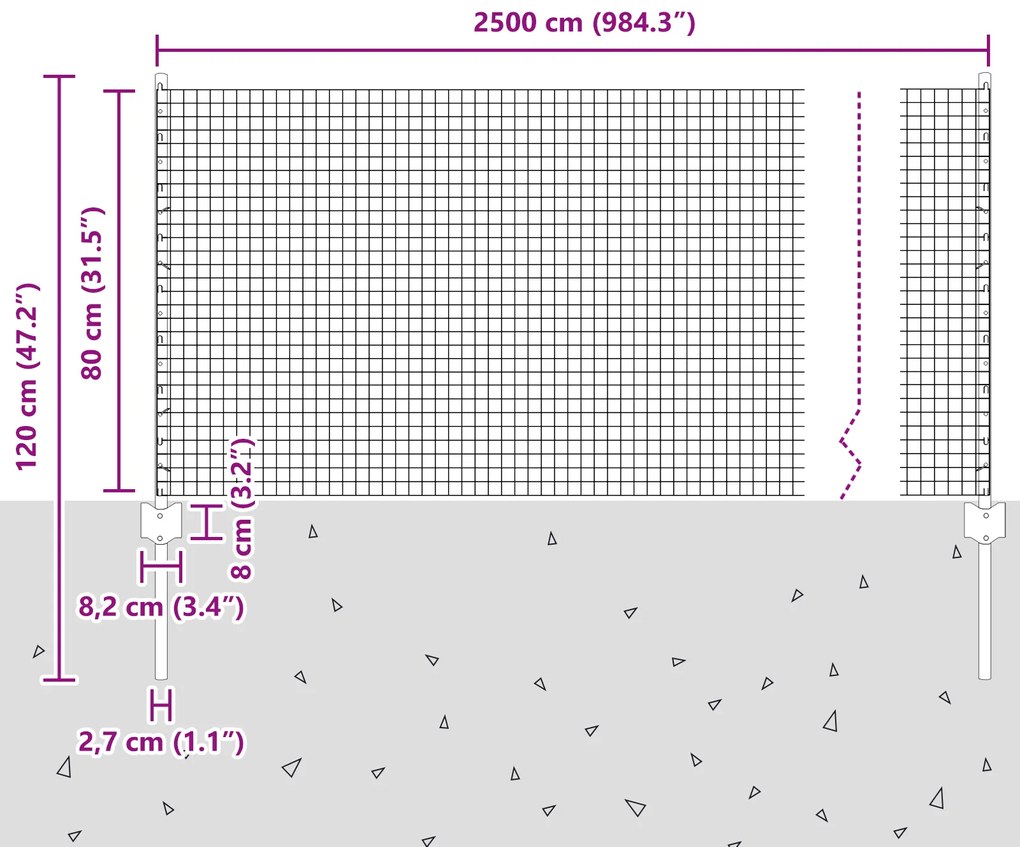 Cerca de Arame Soldado com 11 Postes em U Cinza 0.8x25 m de Aço