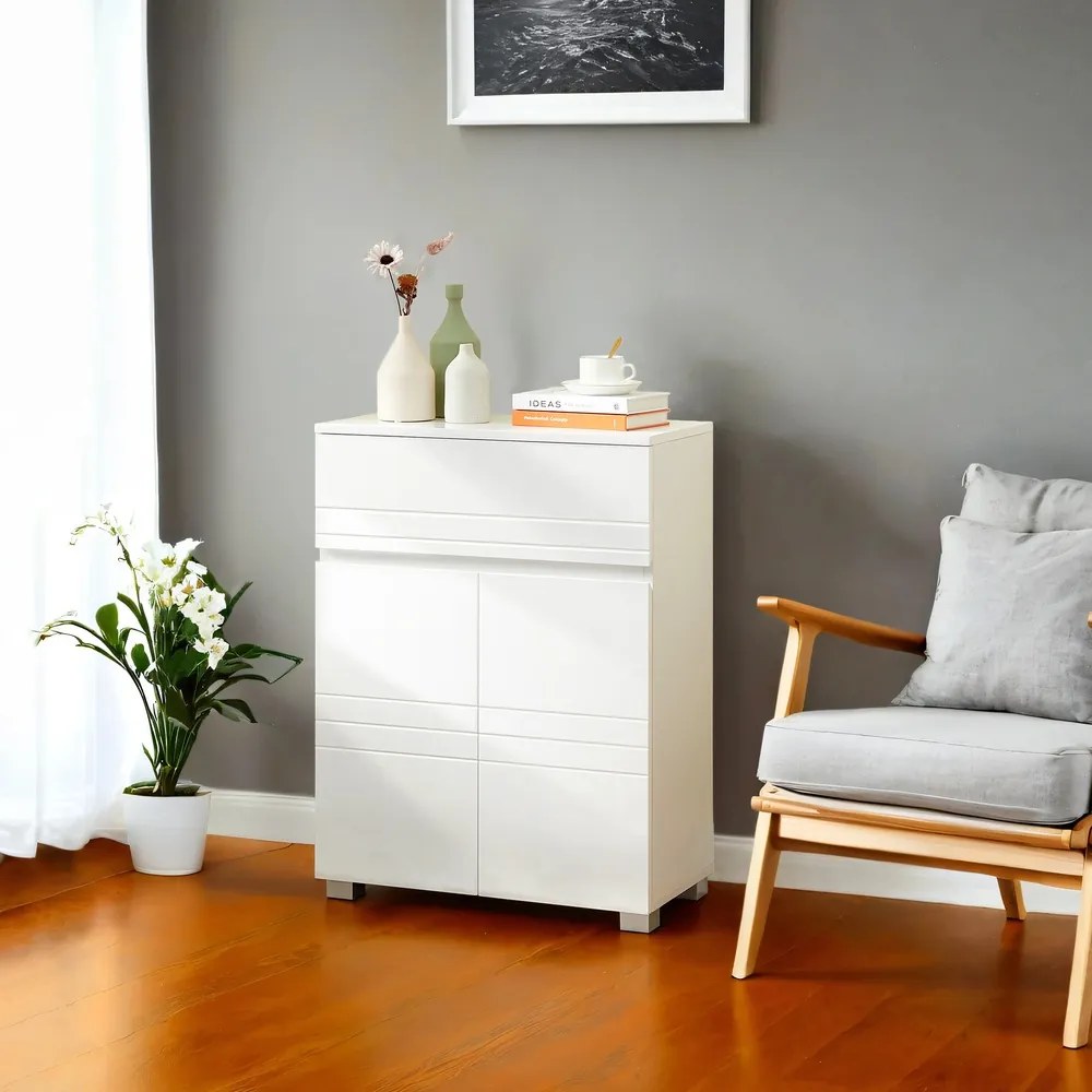 Armário de casa de banho com 2 portas 60 x 30 x 80 cm, armário de arrumação, com gaveta e prateleira ajustável branco