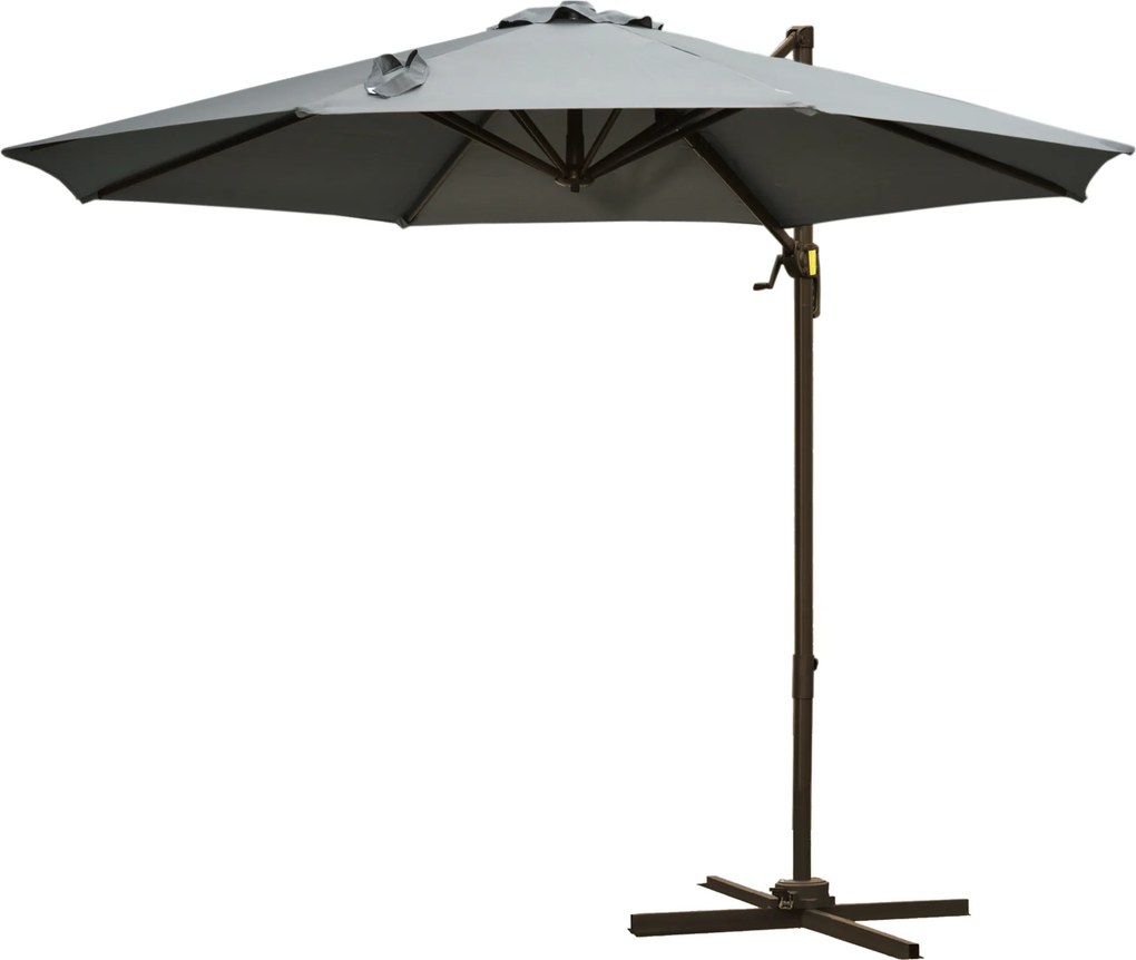 Guarda-sol octogonal inclinável Ø 3 x 2,5 m, com rotação de 360°, base em cruz, 8 cordas, manivela incluída, estrutura em alumínio e aço, cinzento