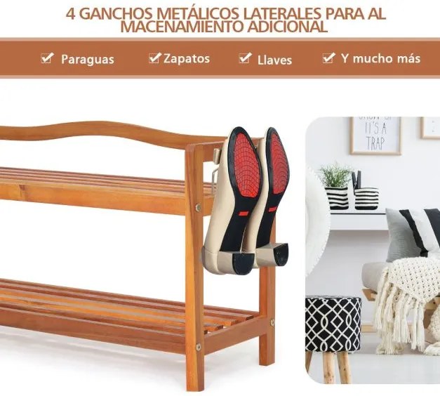Sapateira de 2 níveis para sapatos 74 x 26 x 42 cm em madeira de acácia com 4 ganchos metálicos laterais Castanho