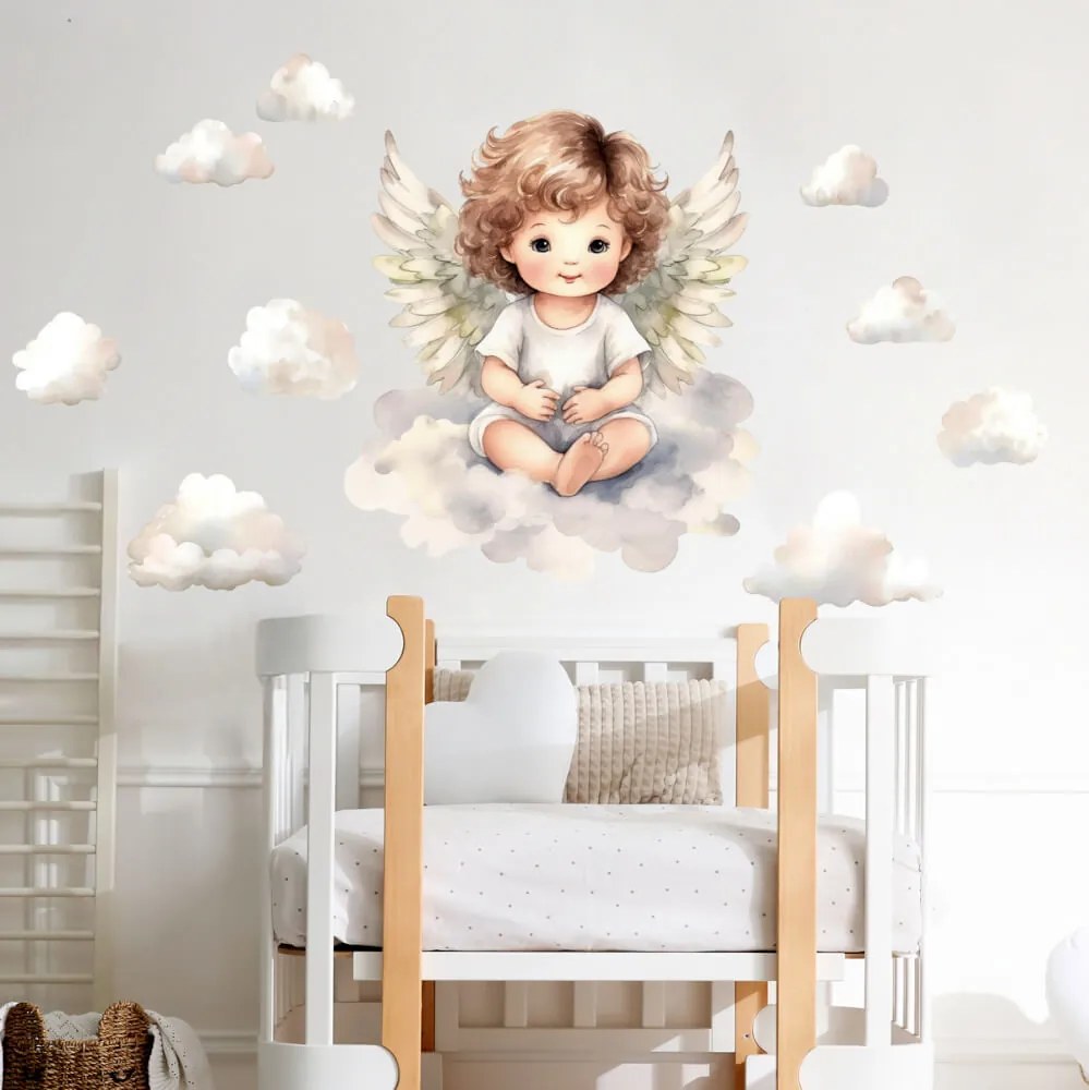 Autocolante de parede para quarto de criança - Anjo e nuvens