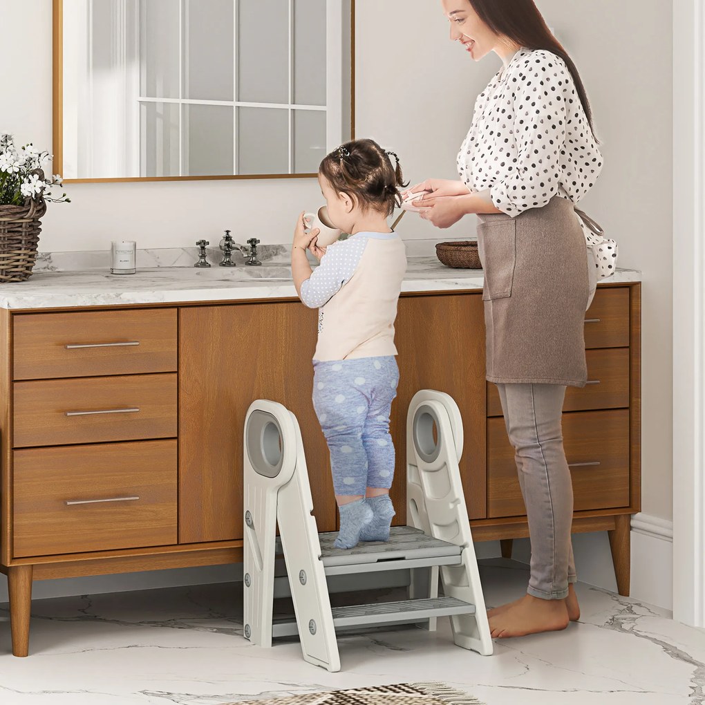 Escadote infantil de 3 degraus, escadote de cozinha para crianças, dobrável, altura ajustável de 2 a 3 degraus, cinzento