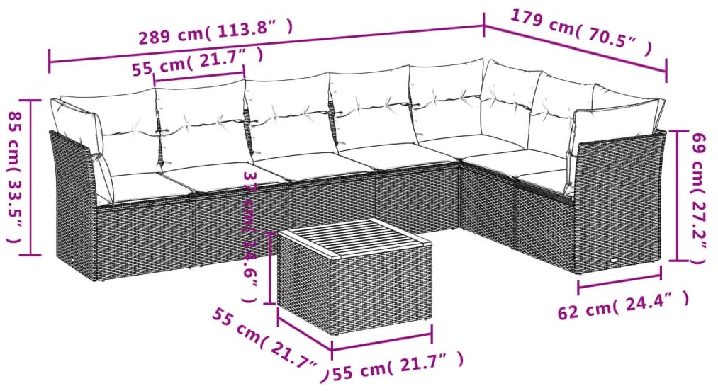 8 pcs conjunto de sofás p/ jardim com almofadões vime PE bege