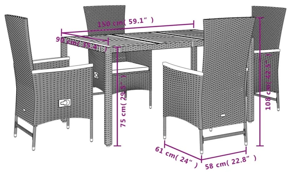 5 pcs conjunto de jantar p/ jardim c/ almofadões vime PE preto