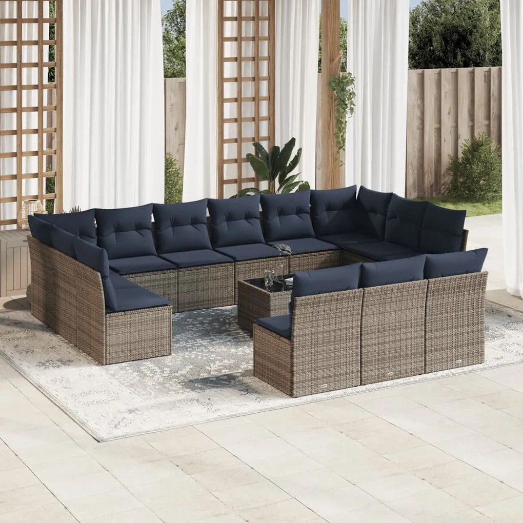 vidaXL 14 pcs conjunto sofás p/ jardim c/ almofadões vime PE cinzento