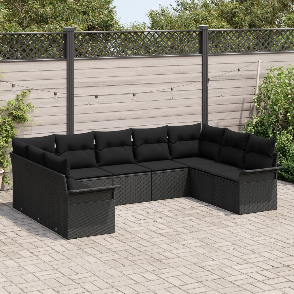 Conjunto de 9 Peças de Sofá de Jardim com Almofadas Pretas Rattan PE,