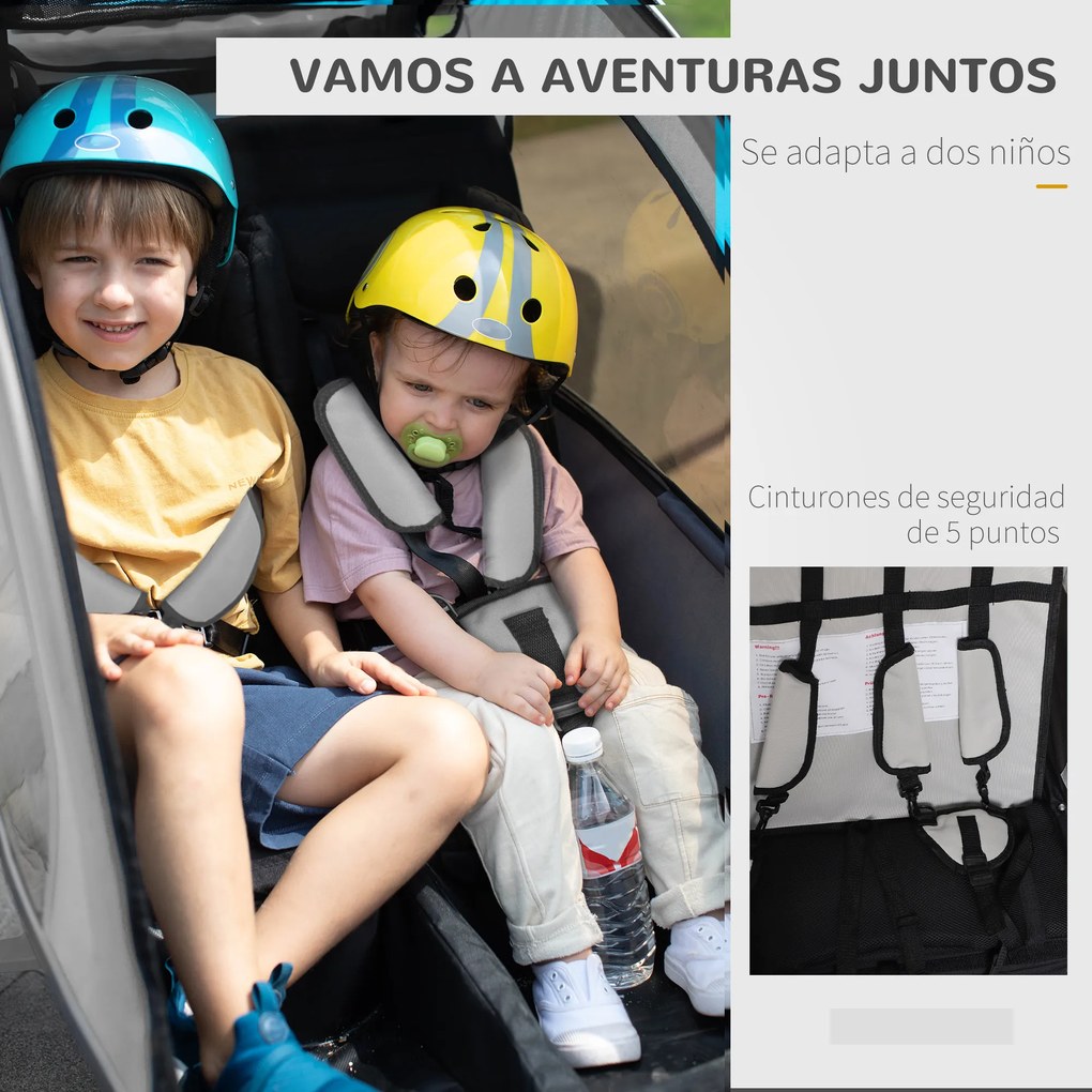 HOMCOM Reboque de Bicicleta para Crianças 2 Lugares 2 em 1 Reboque para Crianças Convertível em Carrinho com Rodas 360º Amortecedores e Guiador Ajustável Bege e Marrom