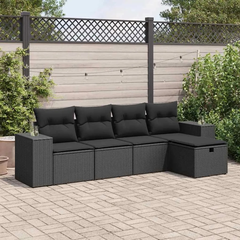 5 pcs conjunto sofás de jardim com almofadões vime PE preto