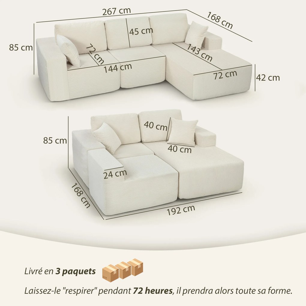 Sofá de canto modular 2 em 1,267 C x 168 L x 85 A cm (forma de L), 192 C x 168 L x 85 A cm (cama), sofá-cama de 3 lugares em veludo canelado, assento