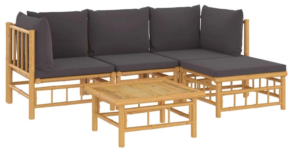 5 pcs conjunto lounge jardim bambu c/ almofadões cinza-escuro