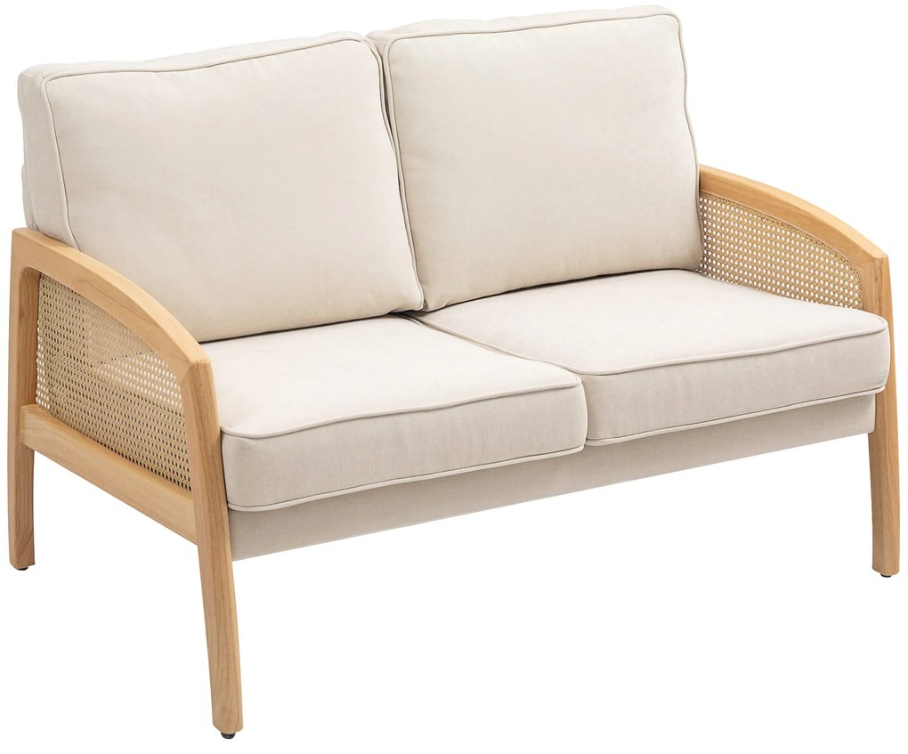 HOMCOM Sofá de 2 Lugares Estofado em Chenille com 2 Almofadas Laváveis e Apoio para os Braços em Vime Sintético 123x75x88 cm Bege