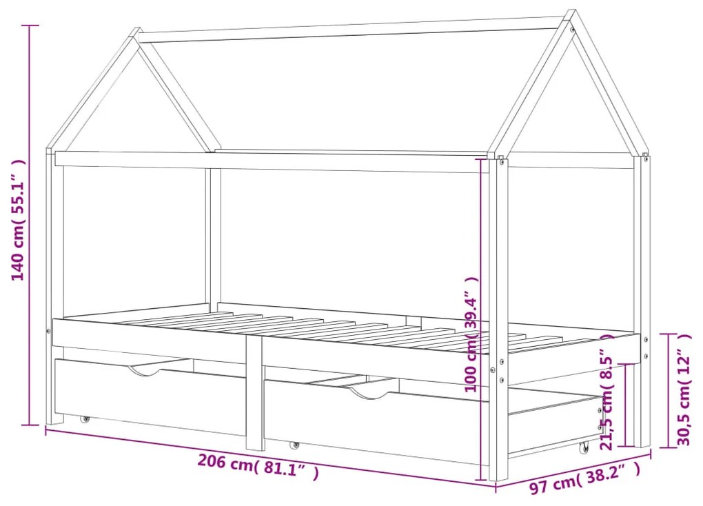 Cama p/ crianças c/ gavetas 90x200 cm pinho maciço cinza-escuro