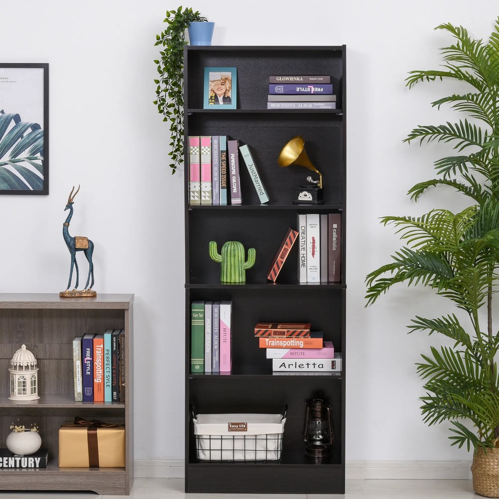 HOMCOM Estante para Livros de 5 Níveis com Prateleira Ajustável e Desenho Anti-Tombo Estante de Armazenamento para Sala de Estar Estúdio Escritório 63x29,5x176 cm Preto