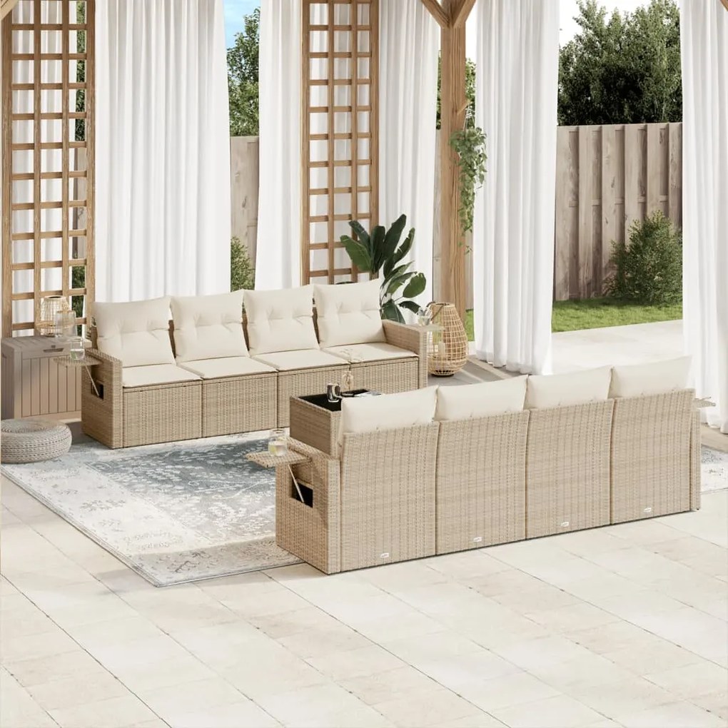 vidaXL 9 pcs conjunto de sofás p/ jardim com almofadões vime PE bege