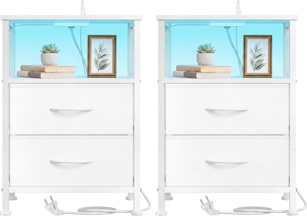 Conjunto 2 Mesas de cabeçeira com iluminação LED e base de carregamento 30 x 39,6 x 60,4 cm Brancas