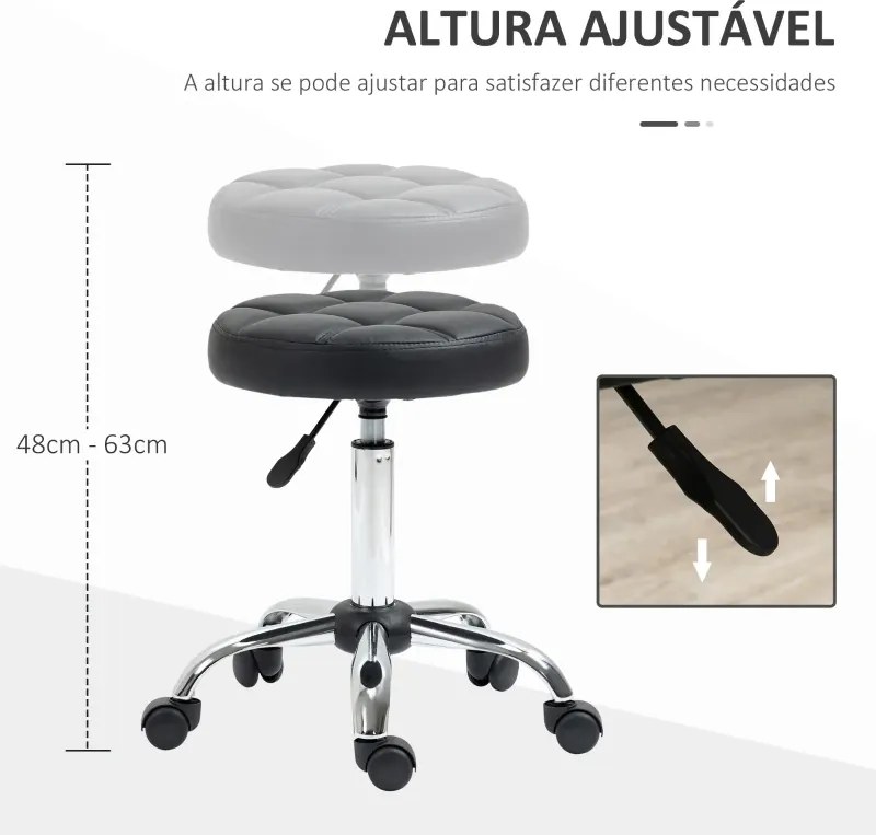 Banco Giratório com Rodas Altura Ajustável entre 48-63cm Banco de Trabalho Estofado em Couro PU para Salão Dentista Diâmetro Ø35,5cm Preto