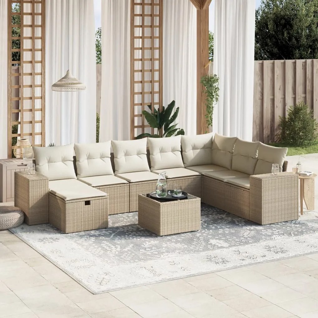 vidaXL 9 pcs conjunto de sofás p/ jardim com almofadões vime PE bege