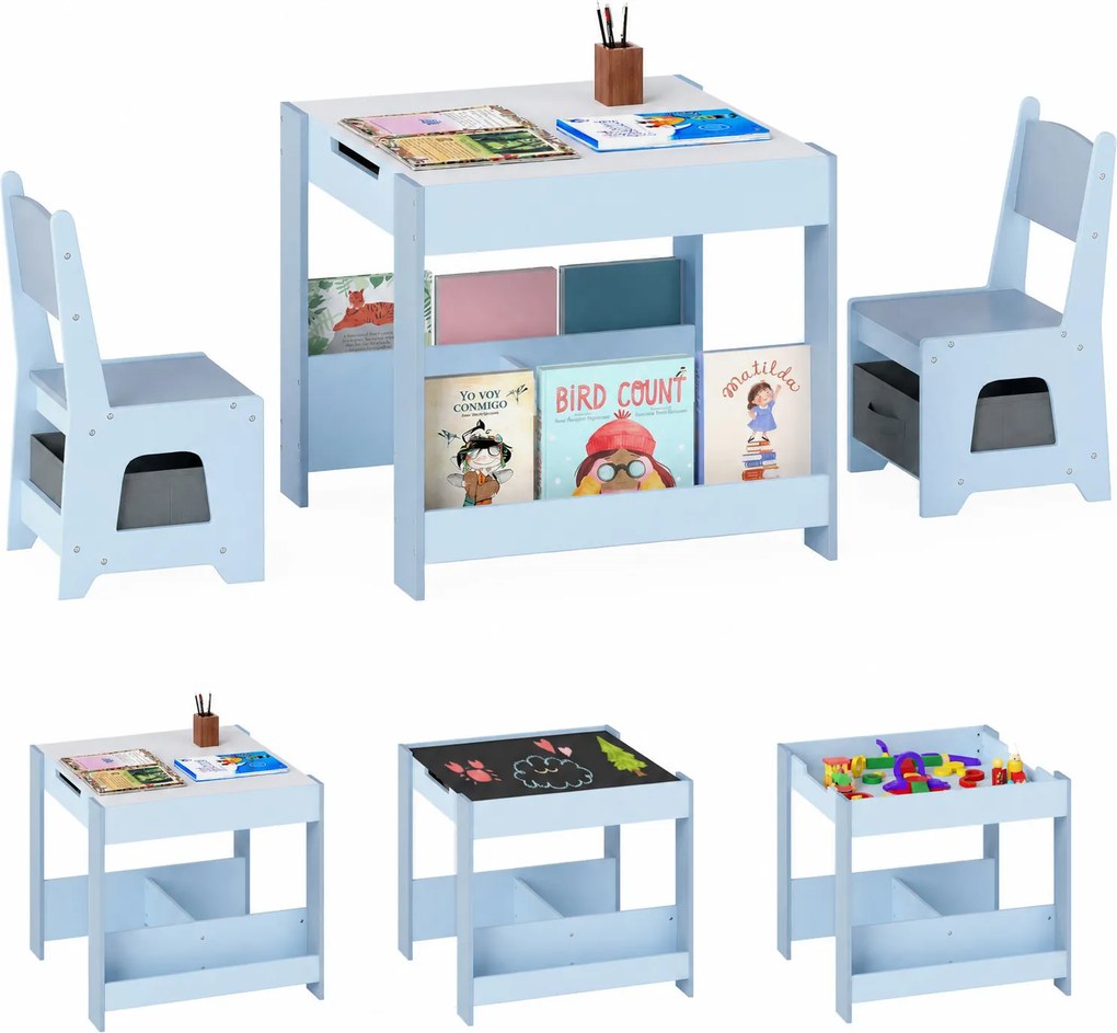 Conjunto de Mesa e Cadeiras Infantis, 62 x 62 x 56,5 cm, Tampo Reversível, Azul