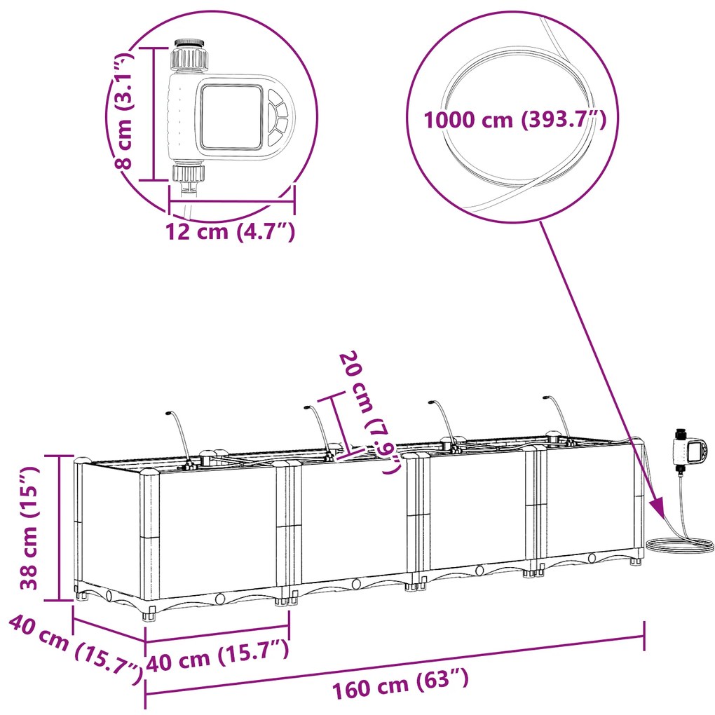 Jardineiras vidaXL com Sistema de Irrigação 4 pcs Preto